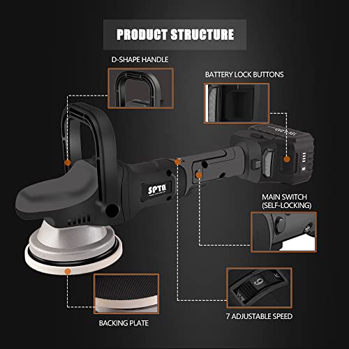 Polisseuse Voiture SPTA 18V 125mm et 150mm Polisseuse Excentrique |0Ah 2 Pièces 6 Vitesse Variable Poignée en D pour Pom